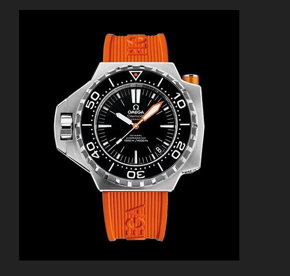 The stainless steel copy watches have orange rubber straps.